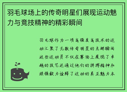 羽毛球场上的传奇明星们展现运动魅力与竞技精神的精彩瞬间