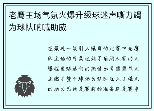 老鹰主场气氛火爆升级球迷声嘶力竭为球队呐喊助威